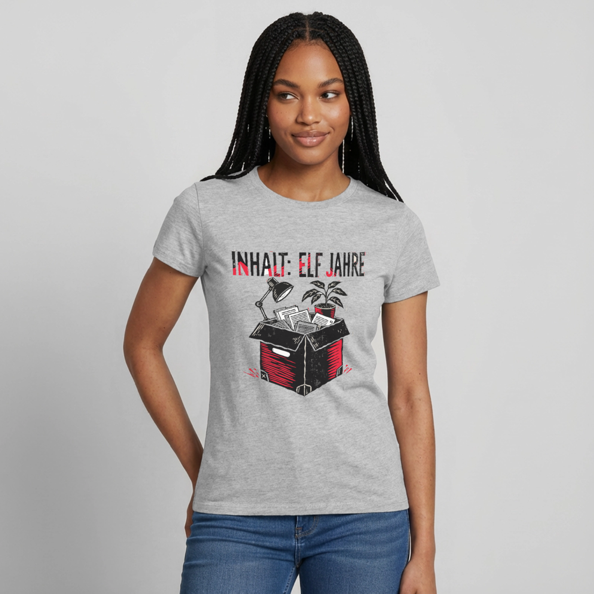 "Inhalt: elf Jahre. Linolschnitt-Motiv" Motiv-T-Shirt für Frauen, Farbe Grau meliert