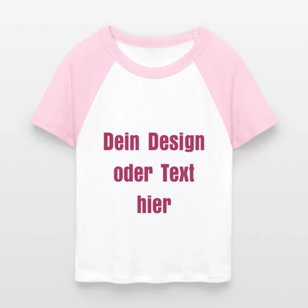 Frauen Cropped Baseball T-Shirt - personalisierbare Vorder- und Rückseite - Weiß/Pink