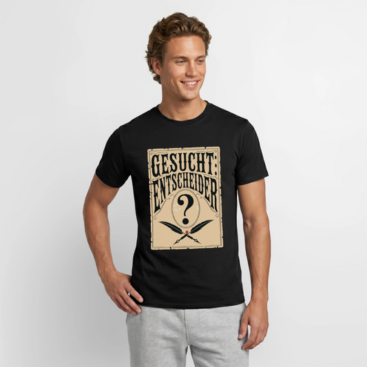 "Gesucht: Entscheider. Steckbrief-Motiv" Motiv-T-Shirt für Männer, Farbe Schwarz, Model