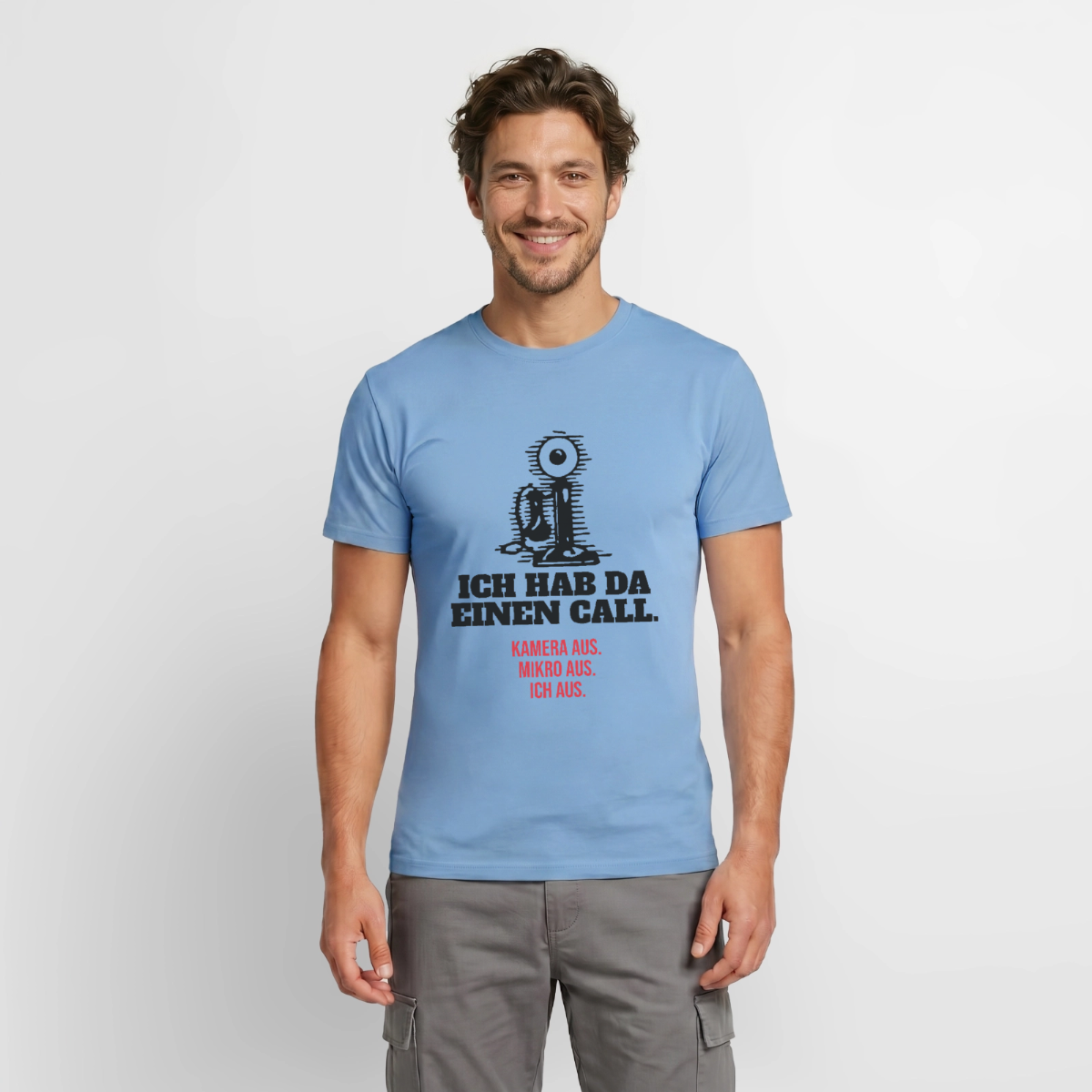 Ich hab da einen Call. Kamera aus. Mikro aus. Ich aus. Motiv-T-Shirt für Männer, Farbe Carolina Blue, Model