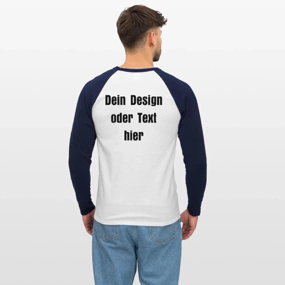 Männer Baseballshirt langarm - personalisierbare Vorder- und Rückseite - Weiß/Navy