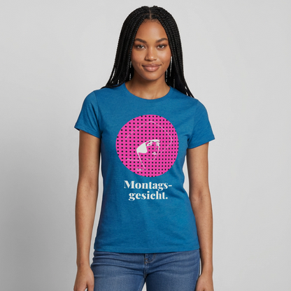 "Montagsgesicht. Art-déco-Motiv" Motiv-T-Shirt für Frauen, Farbe Antikblaues Saphir meliert