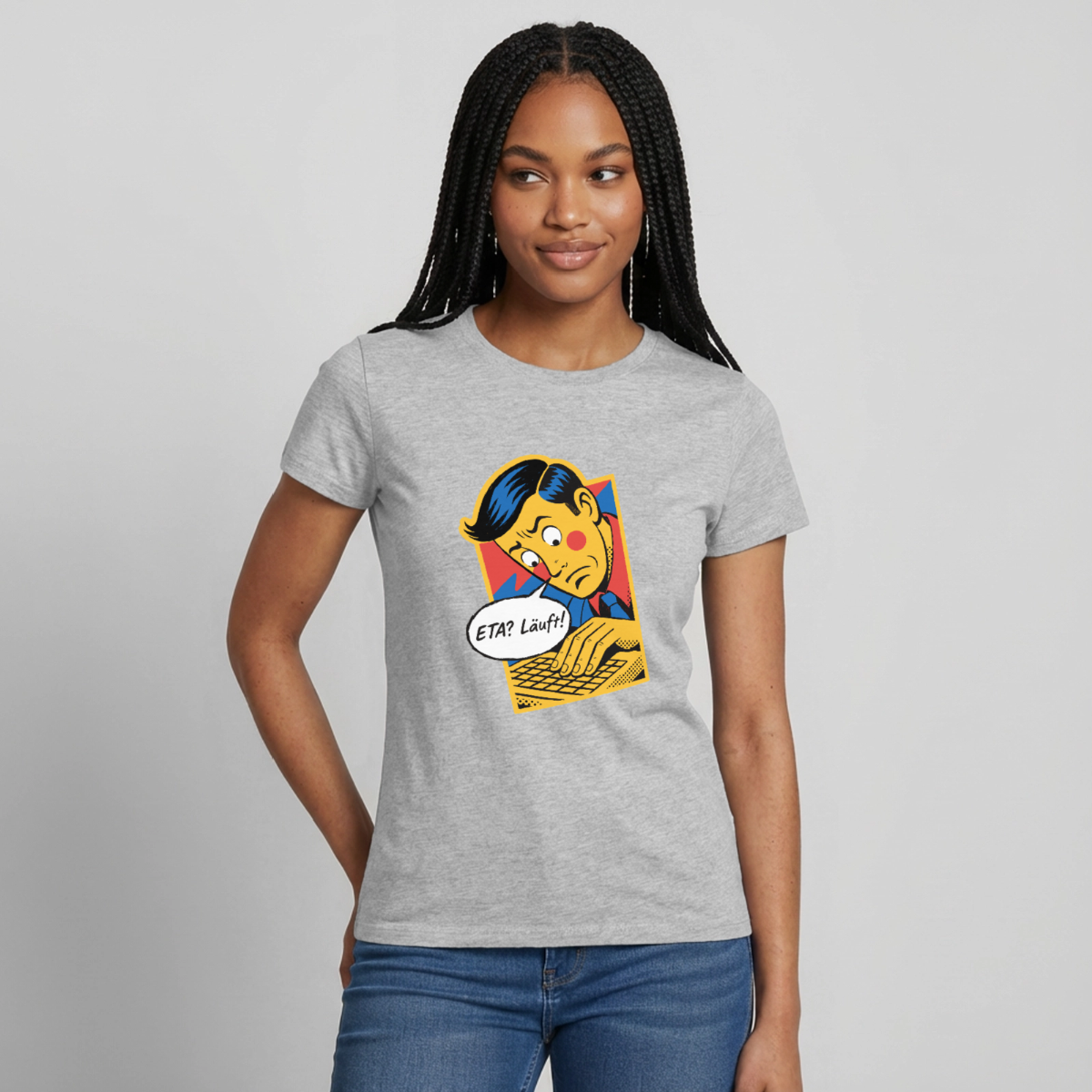 "ETA? Läuft! Popart-Motiv" Motiv-T-Shirt für Frauen, Farbe Grau meliert