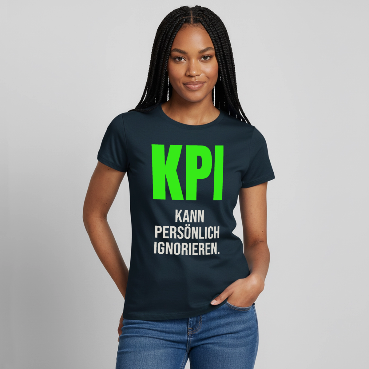 "KPI kann persönlich ignorieren." Motiv-T-Shirt für Frauen, Farbe Navy