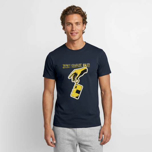 Zutritt verweigert. Endlich. Motiv-T-Shirt für Männer, Farbe Navy, Model
