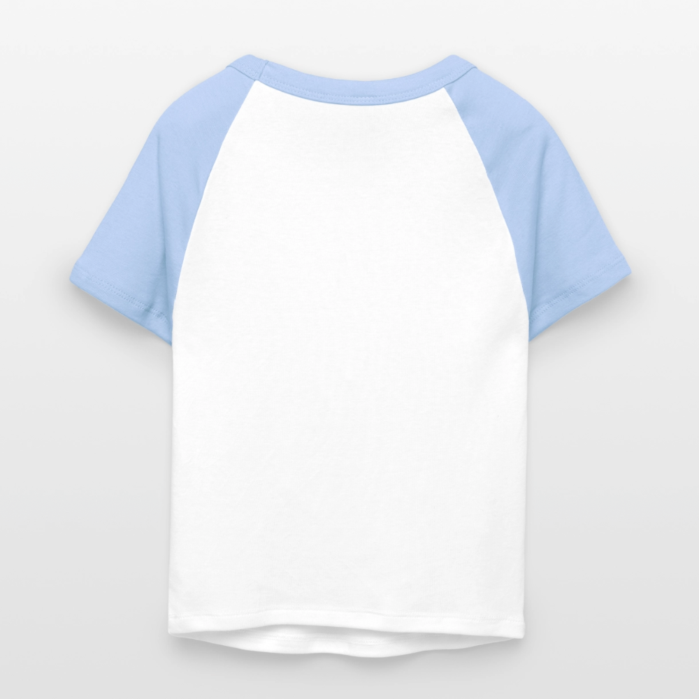 Frauen Cropped Baseball T-Shirt - personalisierbare Vorder- und Rückseite - Weiß/Hellblau