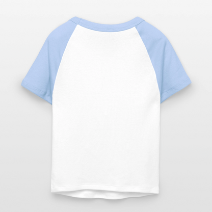 Frauen Cropped Baseball T-Shirt - personalisierbare Vorder- und Rückseite - Weiß/Hellblau