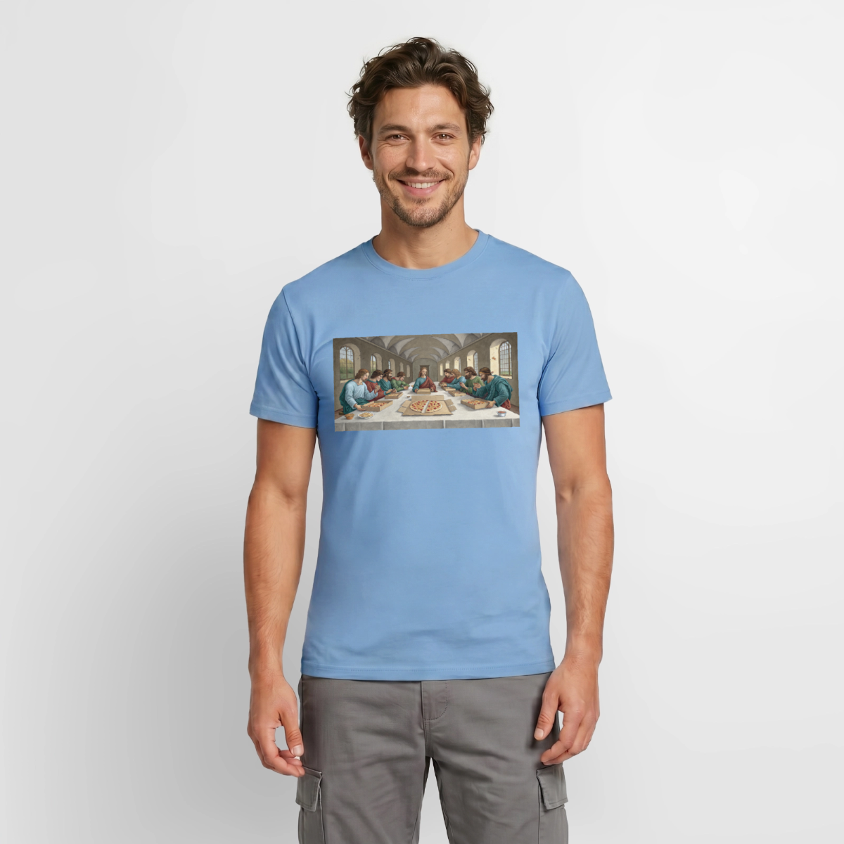Das Teamevent. Renaissance-Motiv Motiv-T-Shirt für Männer, Farbe Carolina Blue, Model