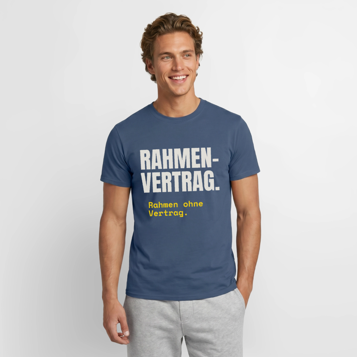 "Rahmenvertrag. Rahmen ohne Vertrag." Motiv-T-Shirt für Männer, Farbe Dunkles Denimblau