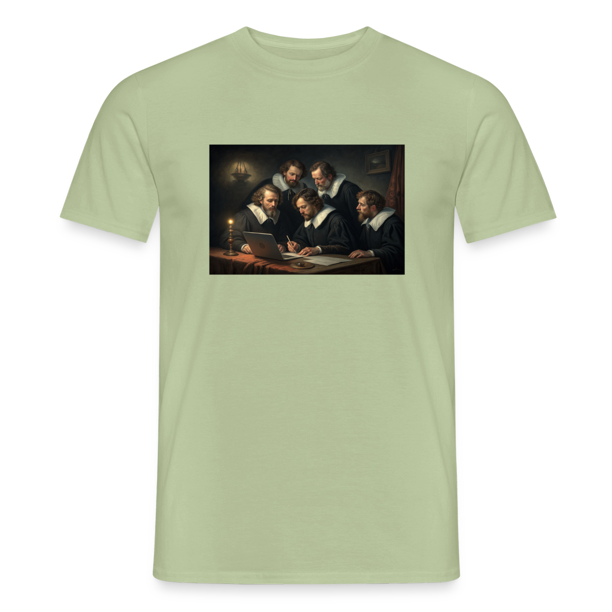 Das Code-Review. Renaissance-Motiv Motiv-T-Shirt für Männer, Farbe Sage