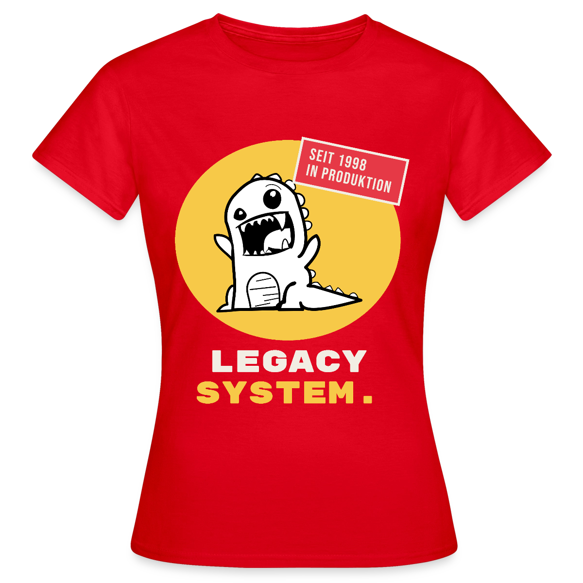 Legacy System. Seit 1998 in Produktion. Motiv-T-Shirt für Frauen, Farbe Rot