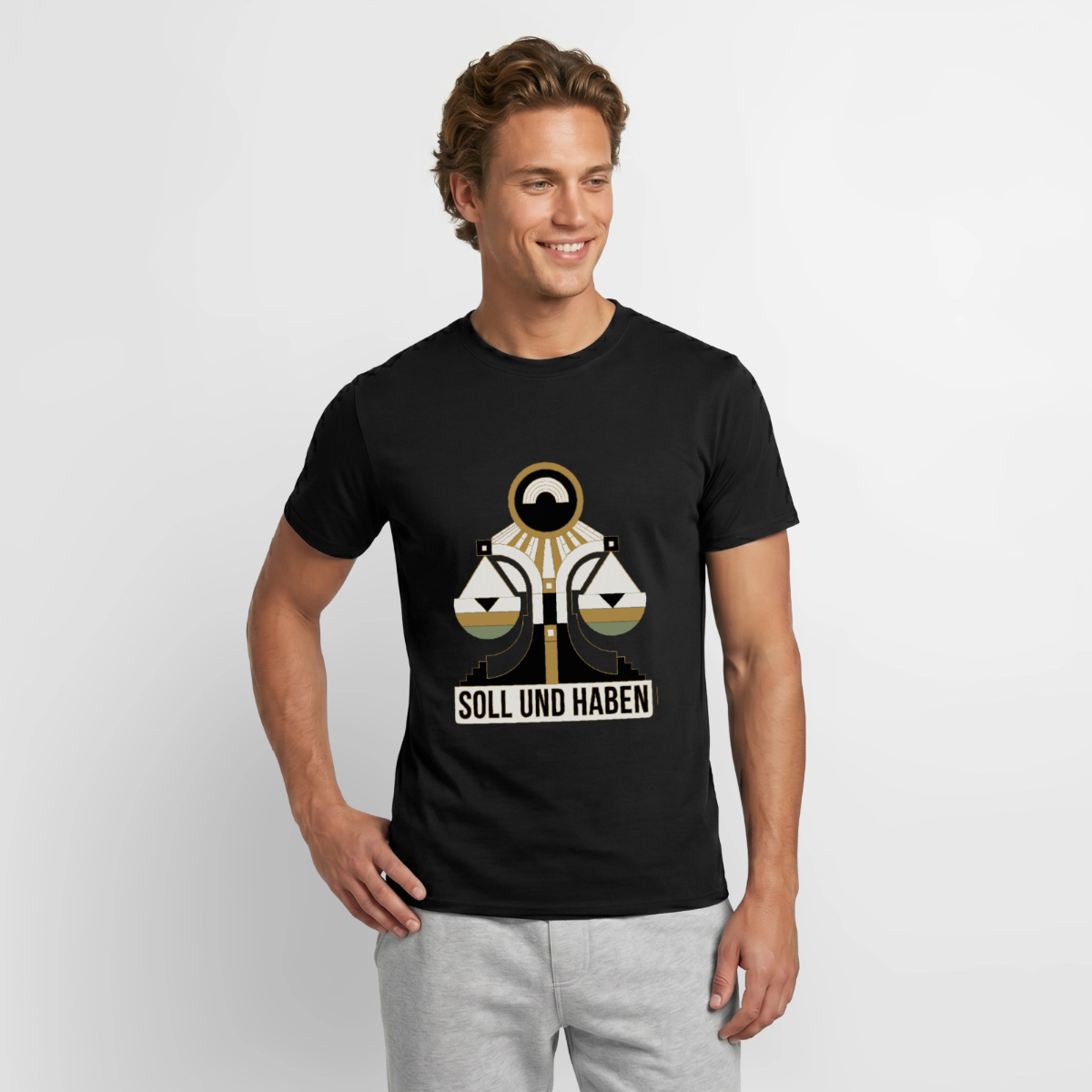 "Soll und Haben. Art-déco-Motiv" Motiv-T-Shirt für Männer, Farbe Schwarz, Model
