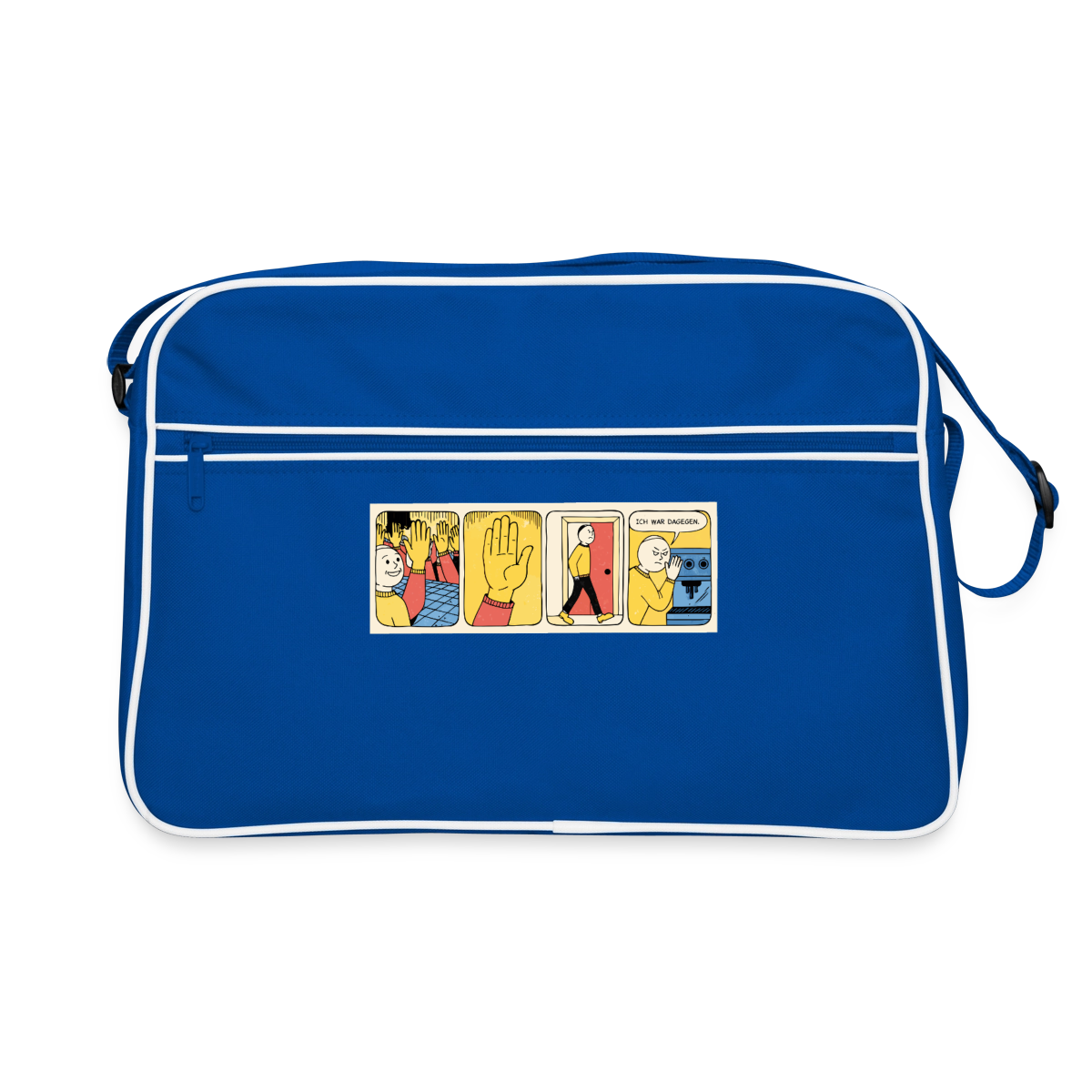 Ich war dagegen. Motiv-Retro-Tasche, Farbe Blau/Weiß