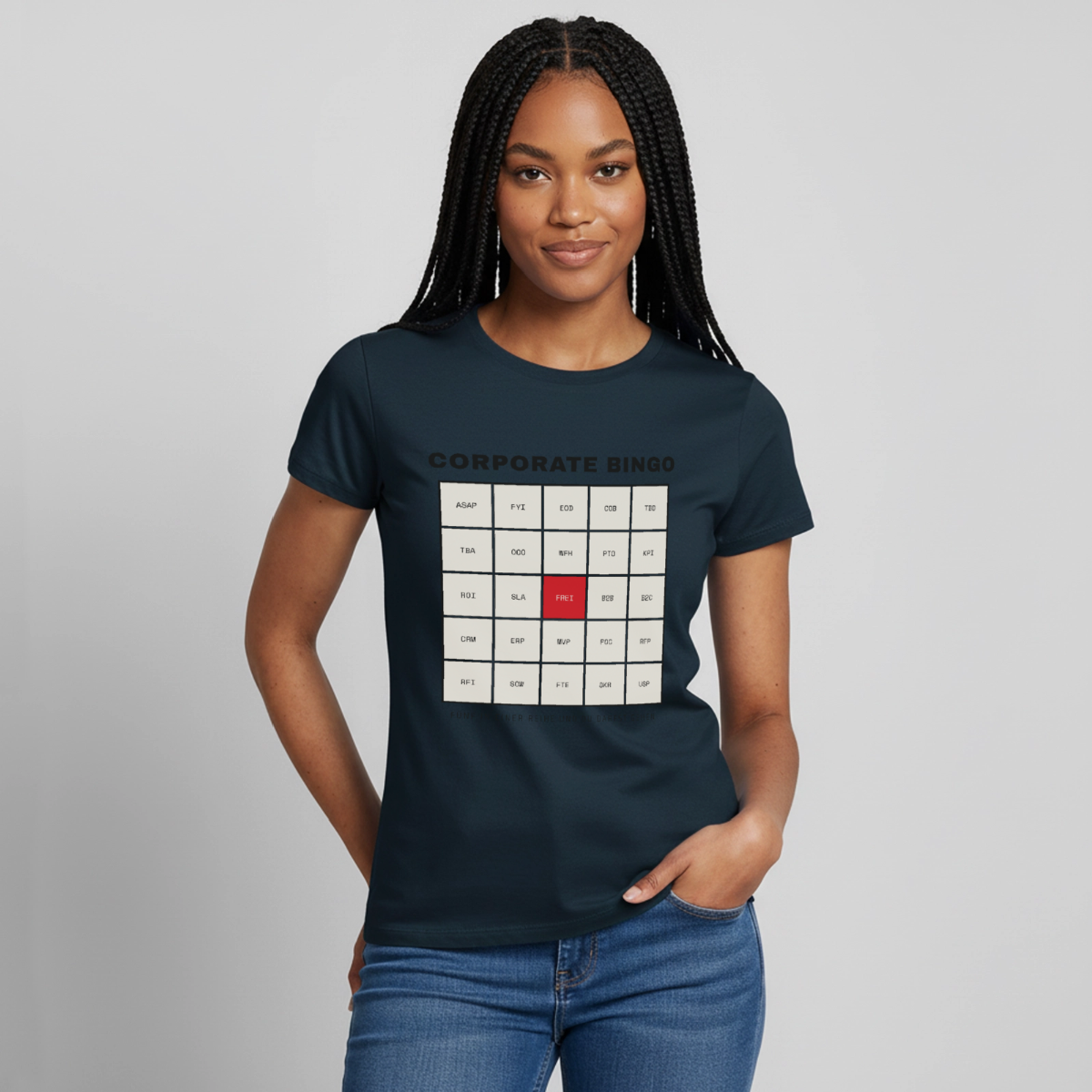 Corporate Bingo. Fünf in einer Reihe. Motiv-T-Shirt für Frauen, Farbe Navy, Model