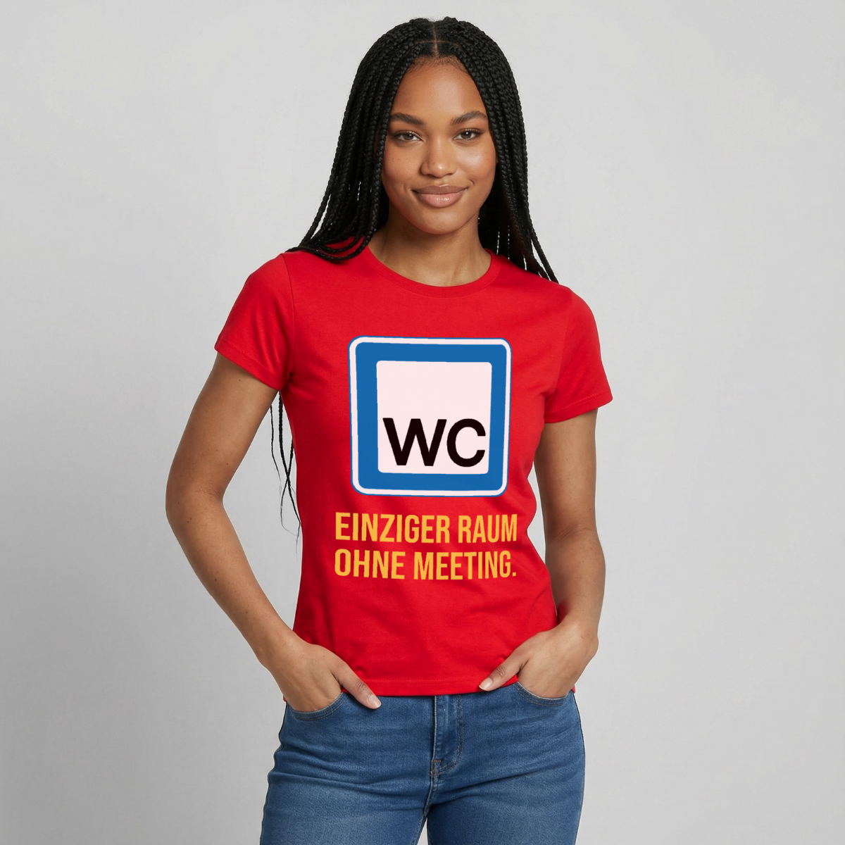 "WC: einziger Raum ohne Meeting. Schild-Motiv" Motiv-T-Shirt für Frauen, Farbe Rot