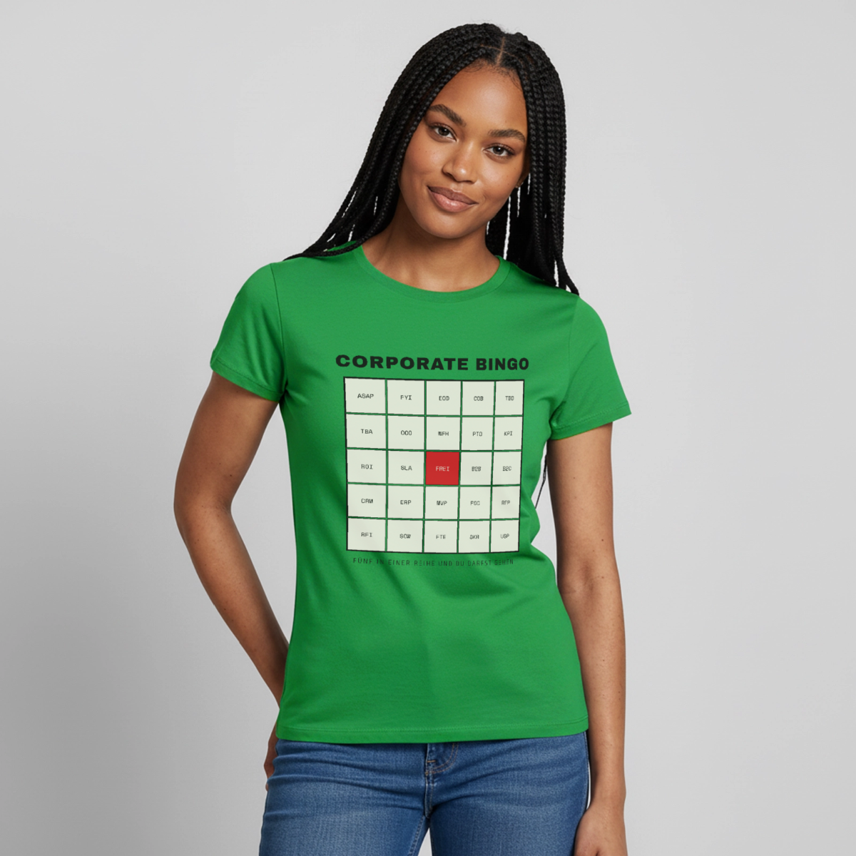 Corporate Bingo. Fünf in einer Reihe. Motiv-T-Shirt für Frauen, Farbe Kelly Green, Model