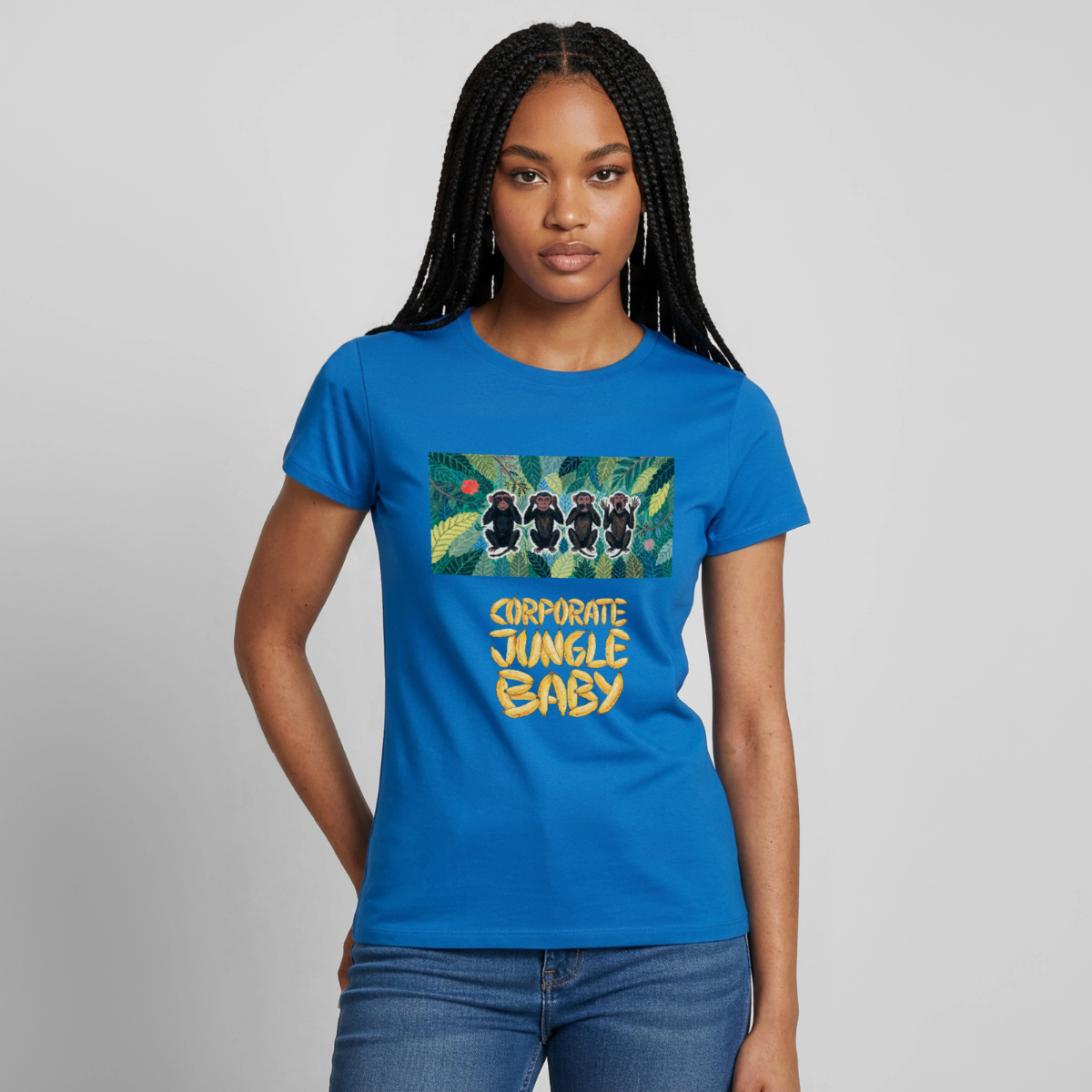 Corporate Jungle, Baby! Motiv-T-Shirt für Frauen, Farbe Royalblau, Model
