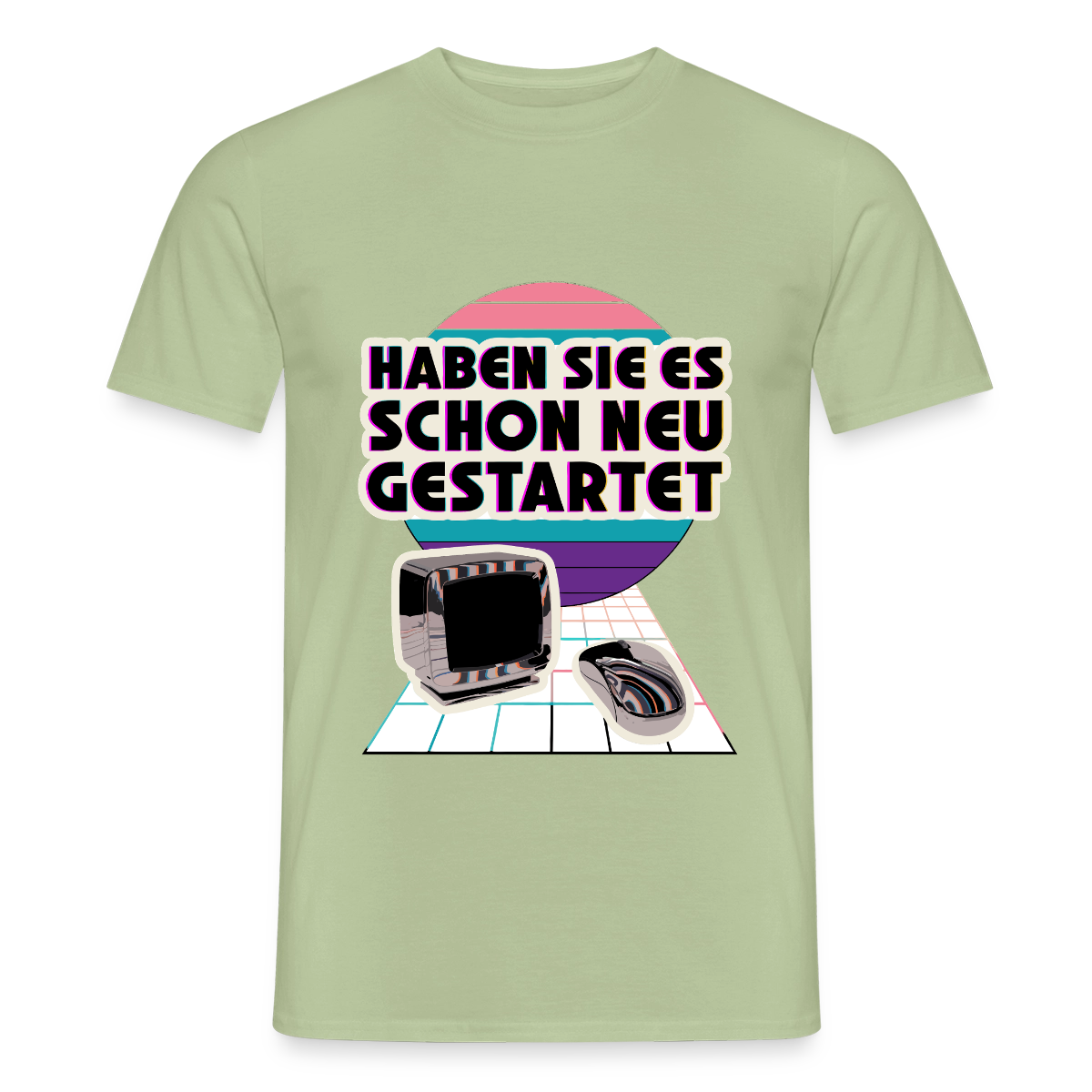 Haben Sie es schon neu gestartet? Vaporwave-Motiv Motiv-T-Shirt für Männer, Farbe Sage