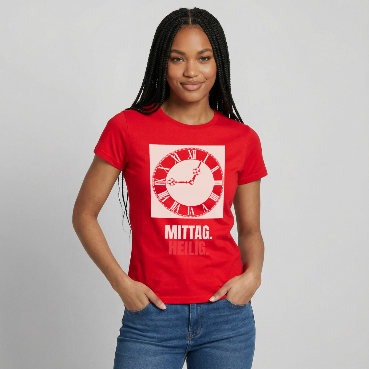 "Mittag. Heilig." Motiv-T-Shirt für Frauen, Farbe Rot