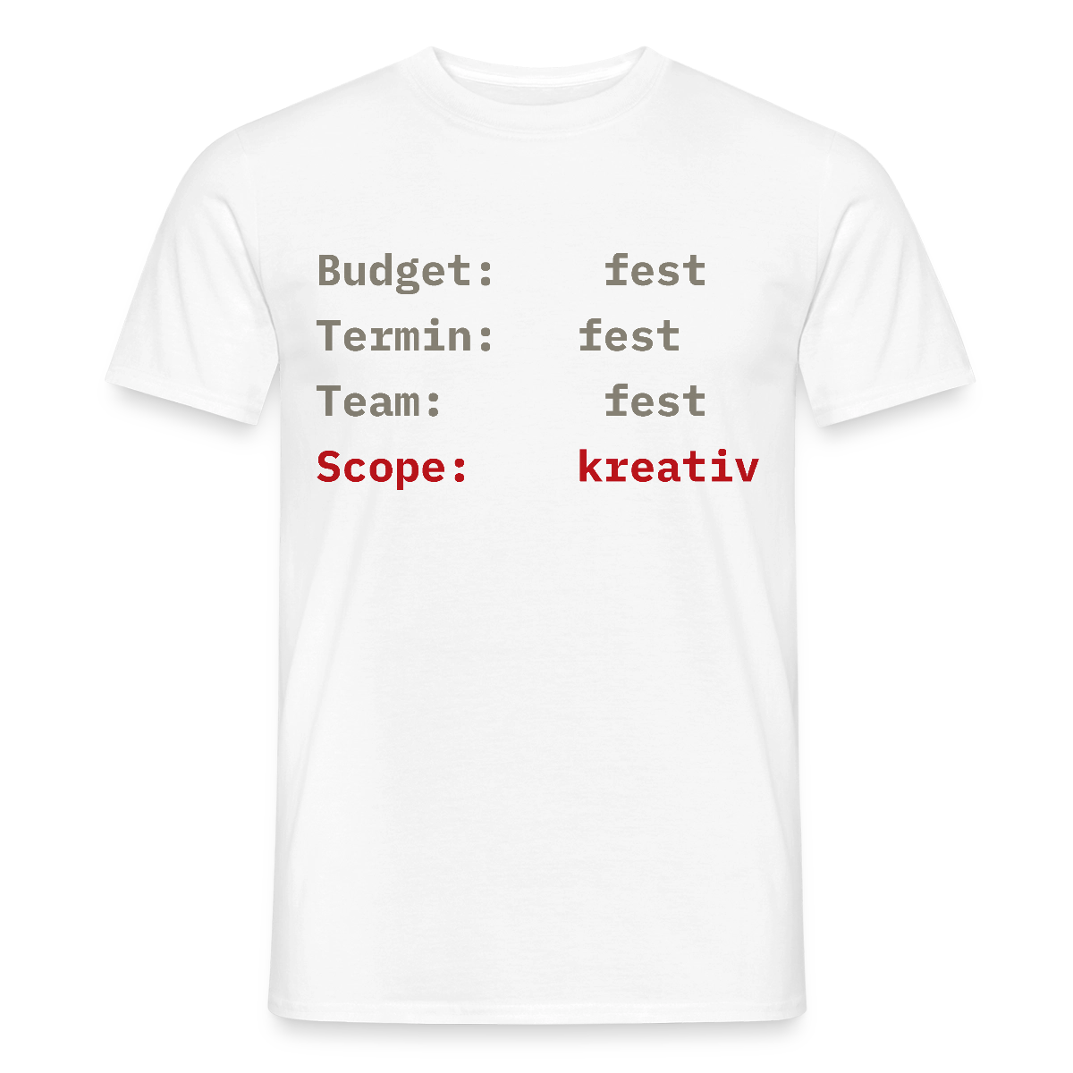Budget: fest. Termin: fest. Team: fest. Scope: kreativ. Motiv-T-Shirt für Männer, Farbe Weiß