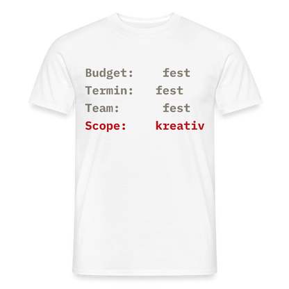 Budget: fest. Termin: fest. Team: fest. Scope: kreativ. Motiv-T-Shirt für Männer, Farbe Weiß