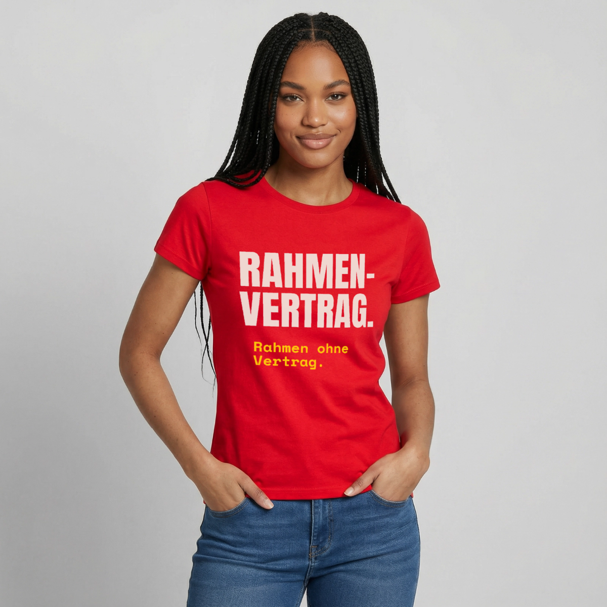 "Rahmenvertrag. Rahmen ohne Vertrag." Motiv-T-Shirt für Frauen, Farbe Rot