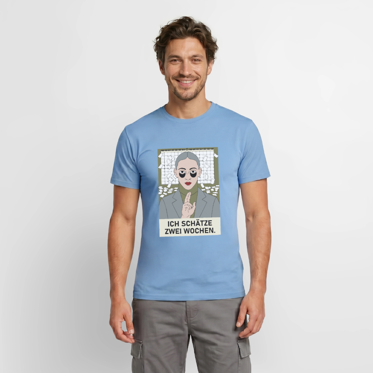 Ich schätze zwei Wochen. Porträt-Motiv Motiv-T-Shirt für Männer, Farbe Carolina Blue, Model