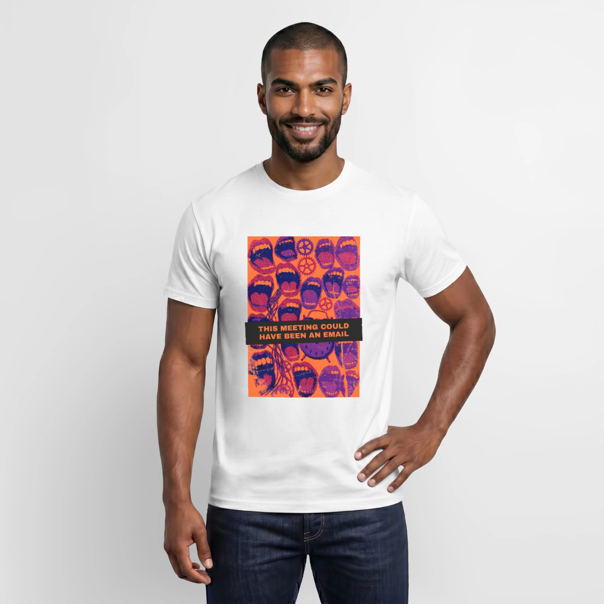This meeting could have been an email. Raster-Motiv Motiv-T-Shirt für Männer, Farbe Weiß, Model