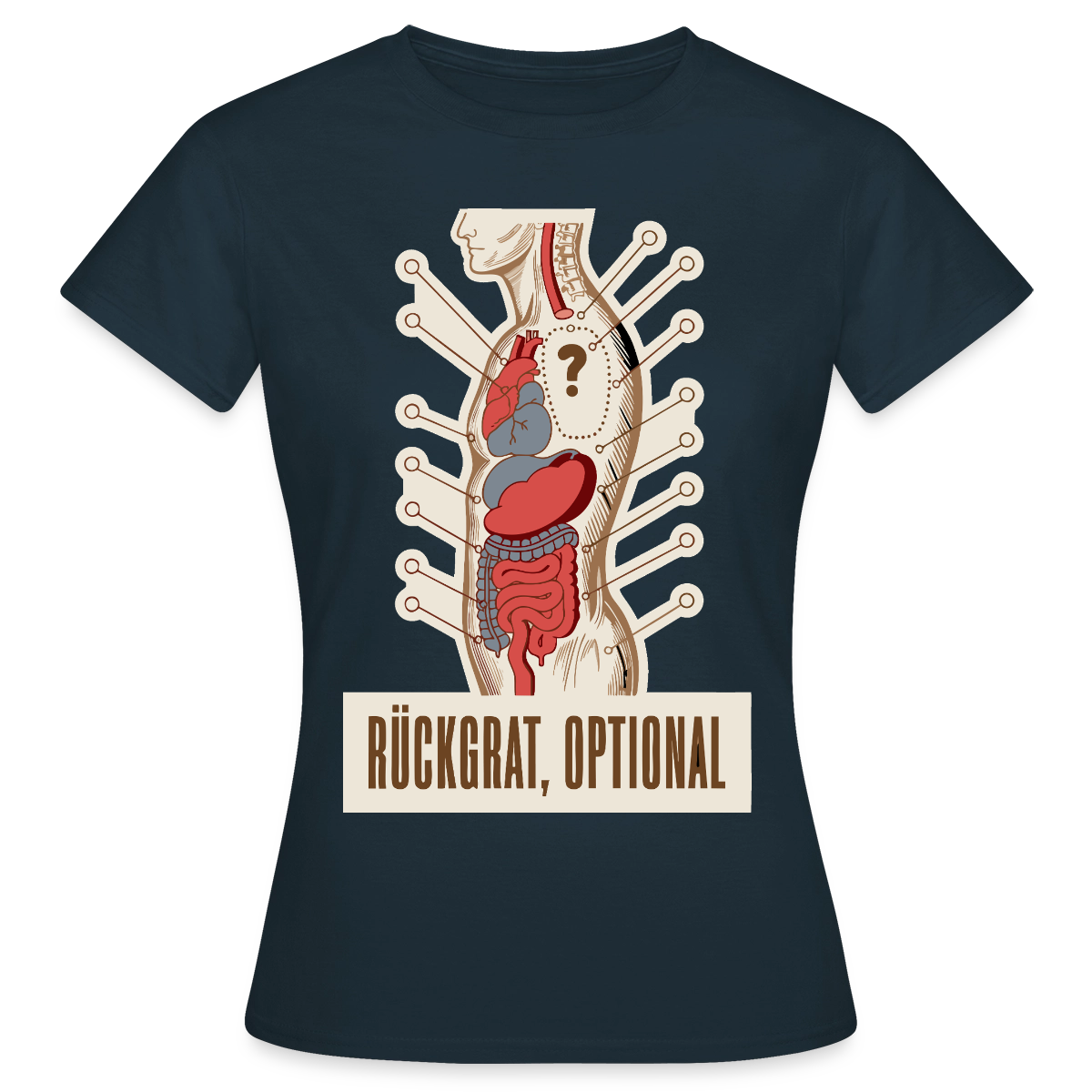 Rückgrat, optional. Anatomie-Motiv Motiv-T-Shirt für Frauen, Farbe Navy