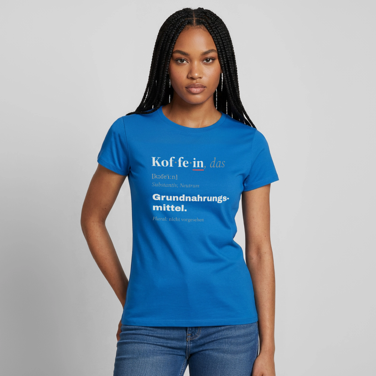 "Koffein, das: Grundnahrungsmittel." Motiv-T-Shirt für Frauen, Farbe Royalblau