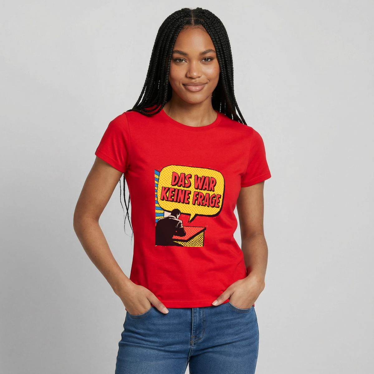 "Das war keine Frage. Popart-Motiv" Motiv-T-Shirt für Frauen, Farbe Rot