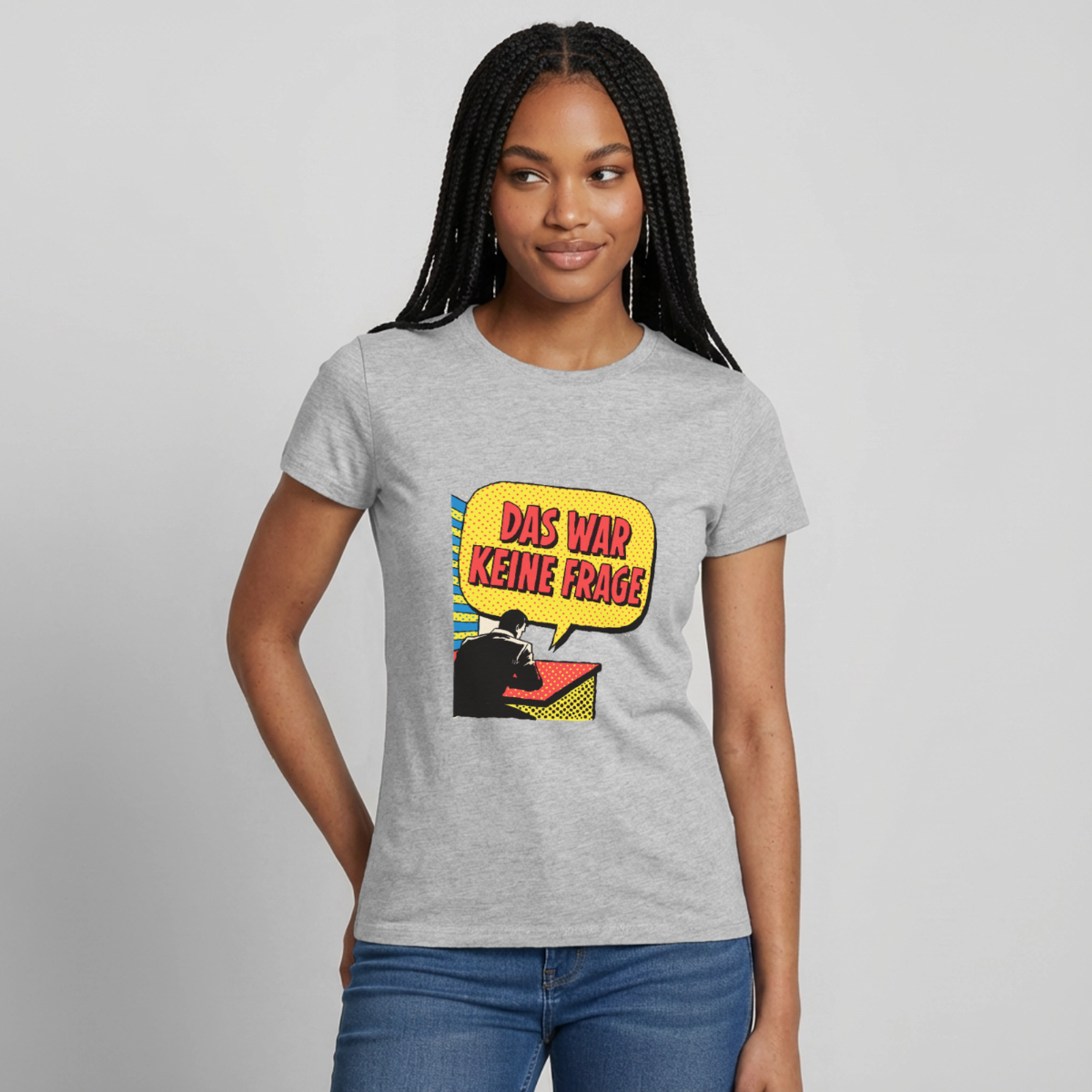 "Das war keine Frage. Popart-Motiv" Motiv-T-Shirt für Frauen, Farbe Grau meliert