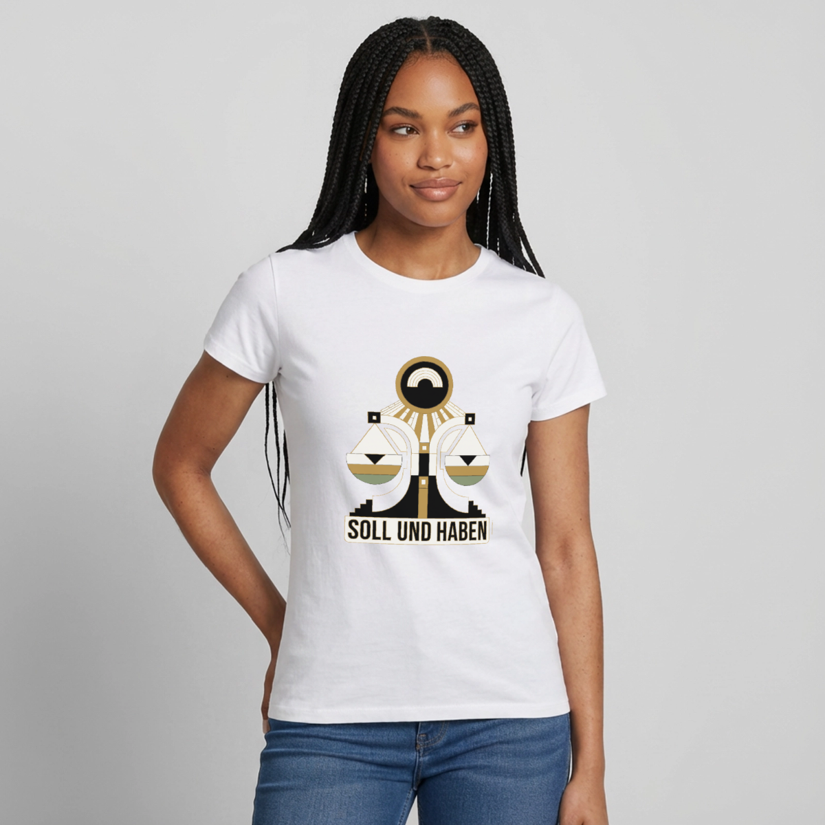 "Soll und Haben. Art-déco-Motiv" Motiv-T-Shirt für Frauen, Farbe Weiß