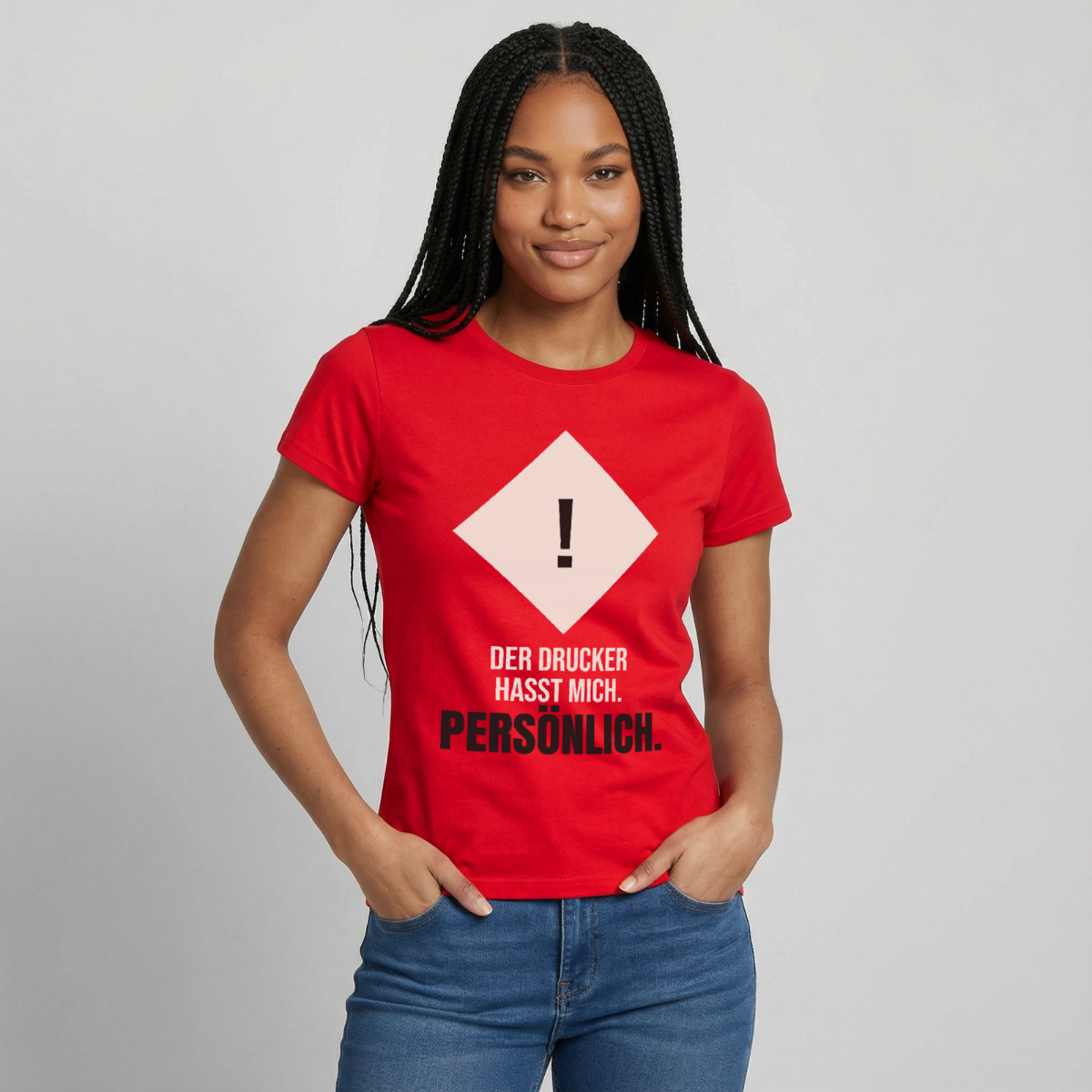 "Der Drucker hasst mich. Persönlich." Motiv-T-Shirt für Frauen, Farbe Rot