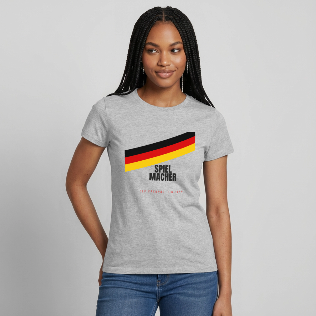 Spielmacher. Elf Freunde, ein Plan. Motiv-T-Shirt für Frauen, Farbe Grau meliert, Model