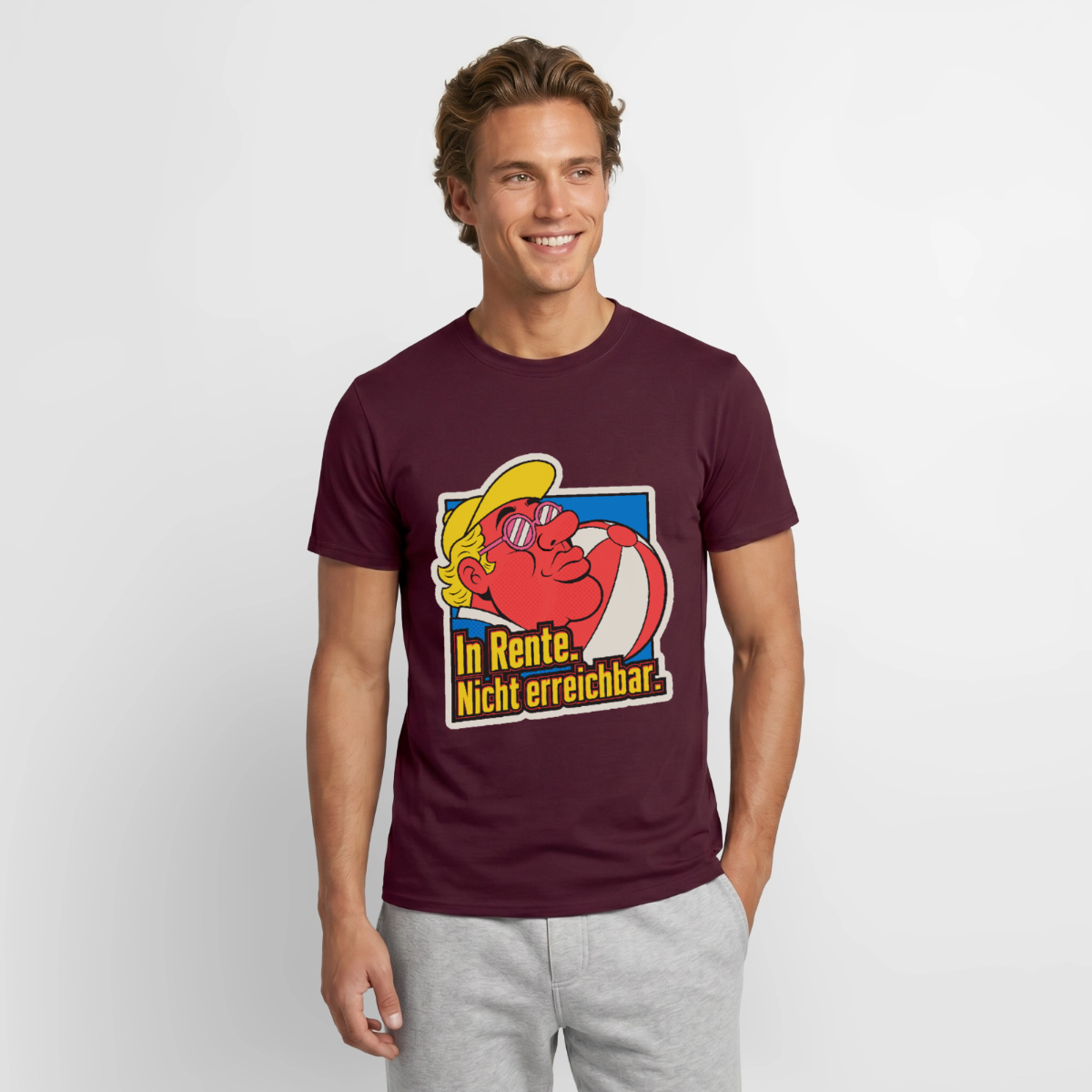 "In Rente. Nicht erreichbar. Popart-Motiv" Motiv-T-Shirt für Männer, Farbe Ziegelrot