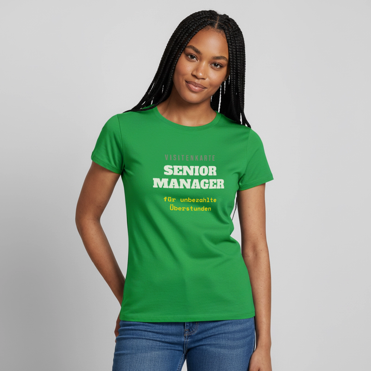 "Senior Manager für unbezahlte Überstunden" Motiv-T-Shirt für Frauen, Farbe Kelly Green