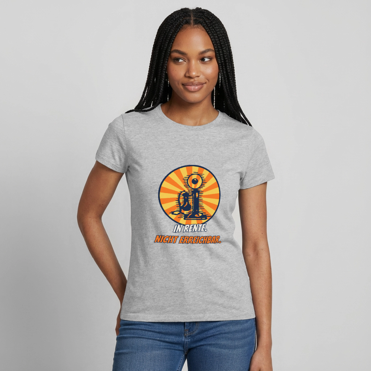 In Rente. Nicht erreichbar. Comic-Motiv Motiv-T-Shirt für Frauen, Farbe Grau meliert, Model