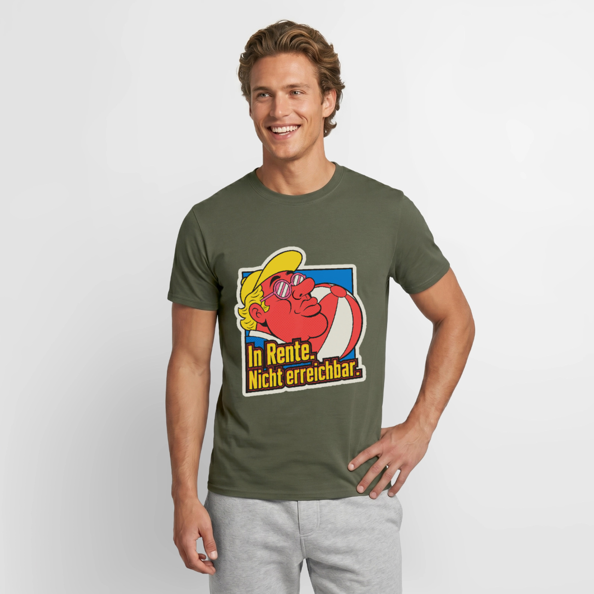 "In Rente. Nicht erreichbar. Popart-Motiv" Motiv-T-Shirt für Männer, Farbe Militärgrün