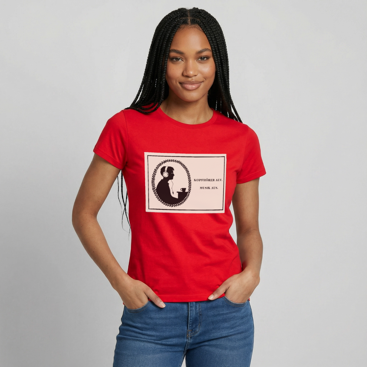 Kopfhörer auf. Musik aus. Motiv-T-Shirt für Frauen, Farbe Rot, Model