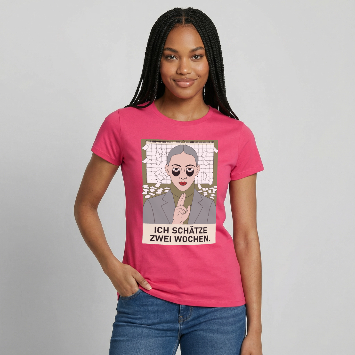 Ich schätze zwei Wochen. Porträt-Motiv Motiv-T-Shirt für Frauen, Farbe Azalea, Model