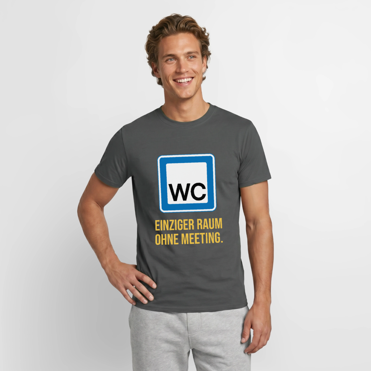 "WC: einziger Raum ohne Meeting. Schild-Motiv" Motiv-T-Shirt für Männer, Farbe Anthrazit
