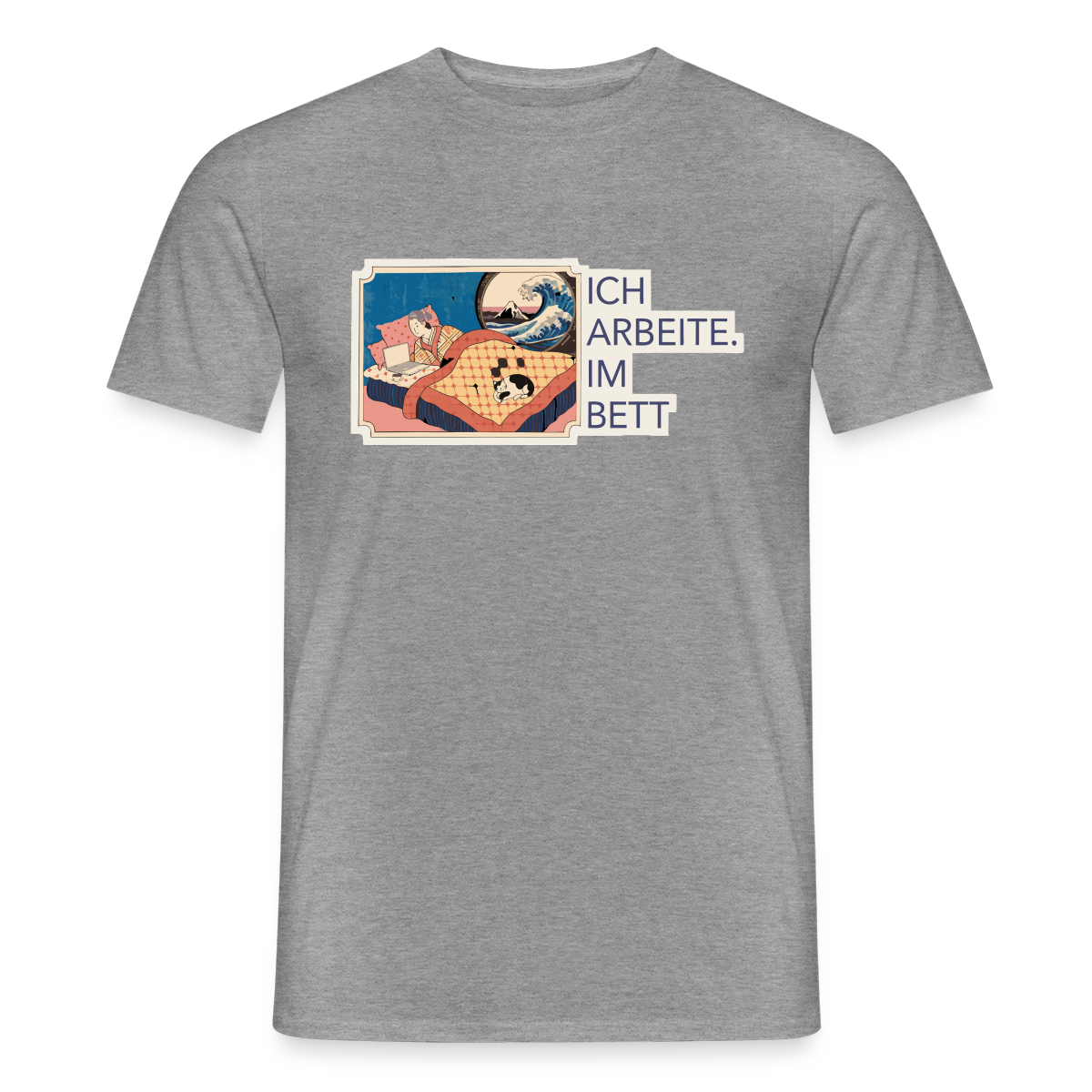 Ich arbeite. Im Bett. Motiv-T-Shirt für Männer, Farbe Graphit meliert
