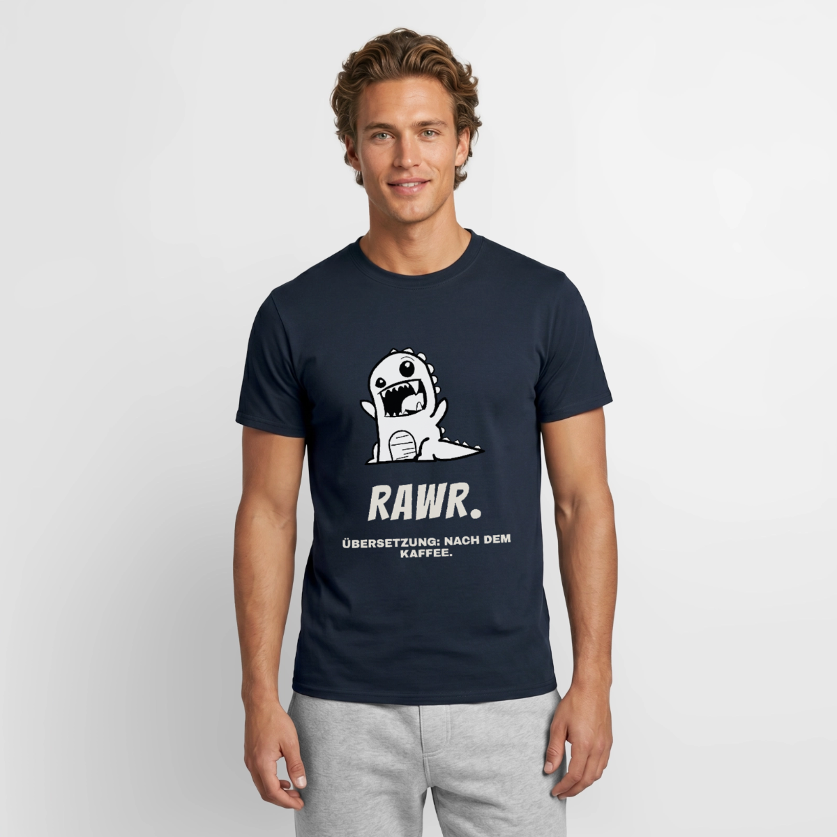 "Rawr. Übersetzung: nach dem Kaffee." Motiv-T-Shirt für Männer, Farbe Navy