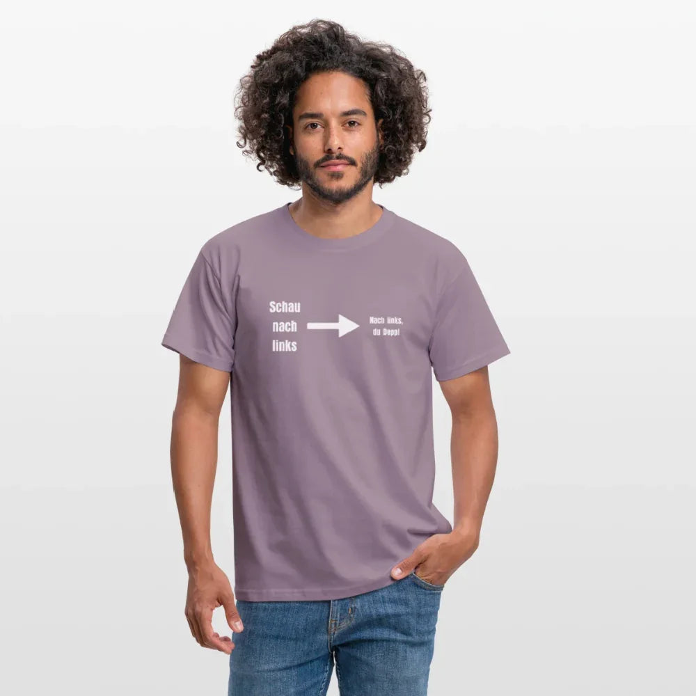 "Schau nach links" Motiv-T-Shirt für Männer - Lilagrau 