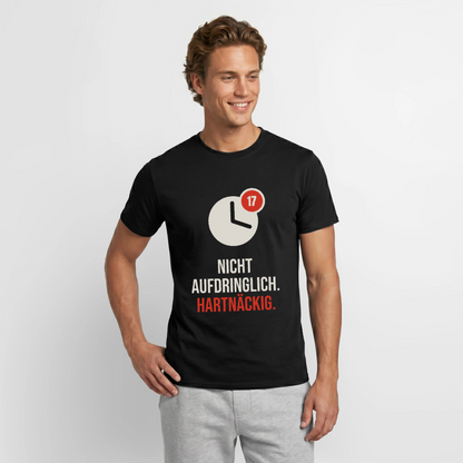 "Nicht aufdringlich. Hartnäckig." Motiv-T-Shirt für Männer, Farbe Schwarz, Model