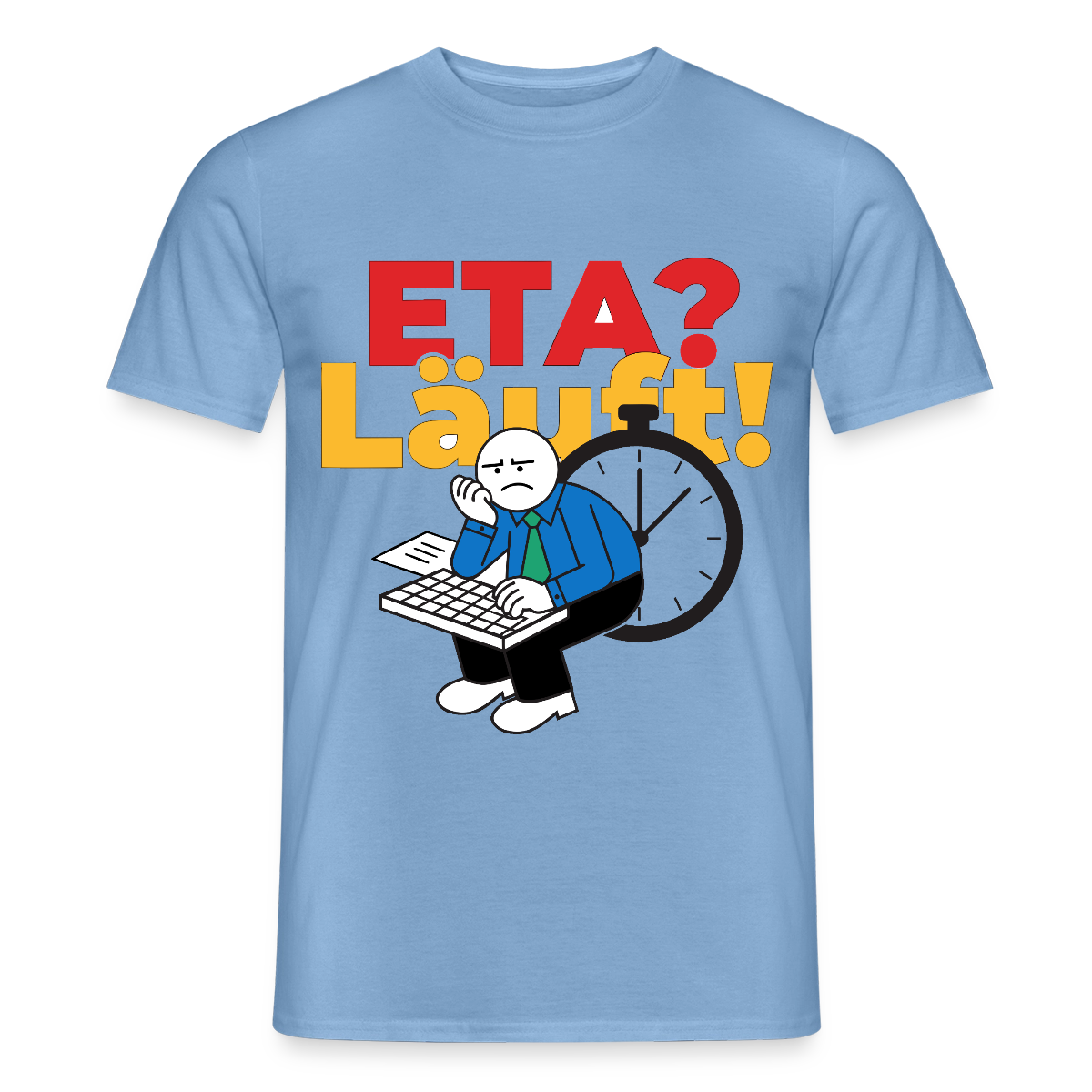 "ETA? Läuft! Strichfiguren-Motiv" Motiv-T-Shirt für Männer, Farbe Carolina Blue