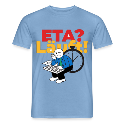 "ETA? Läuft! Strichfiguren-Motiv" Motiv-T-Shirt für Männer, Farbe Carolina Blue