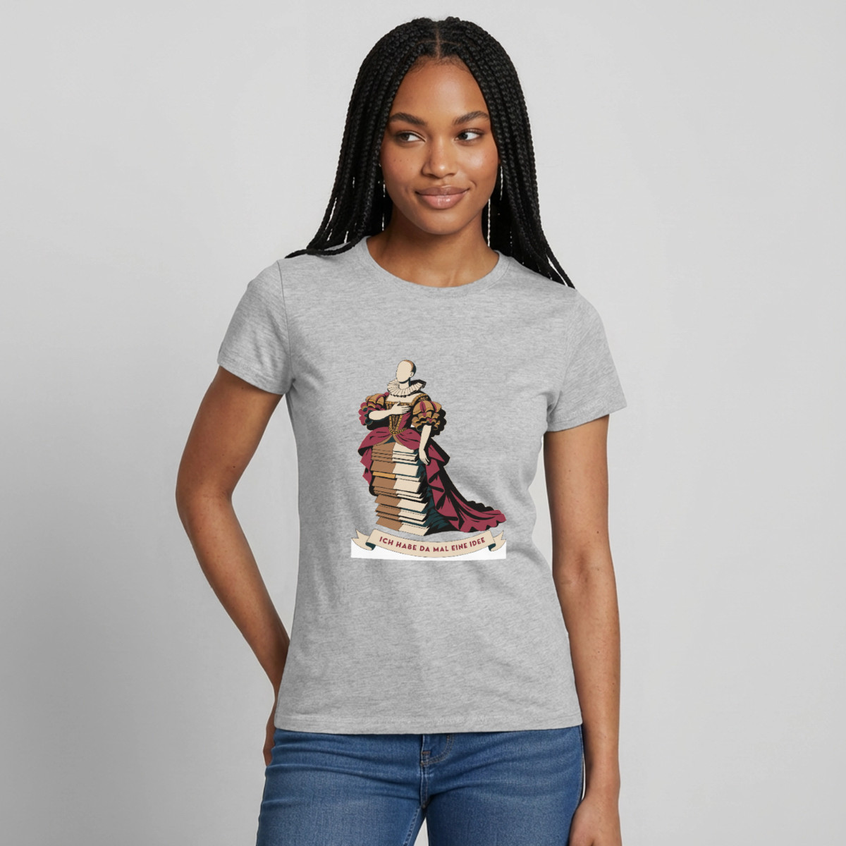 "Ich habe da mal eine Idee. Barock-Motiv" Motiv-T-Shirt für Frauen, Farbe Grau meliert