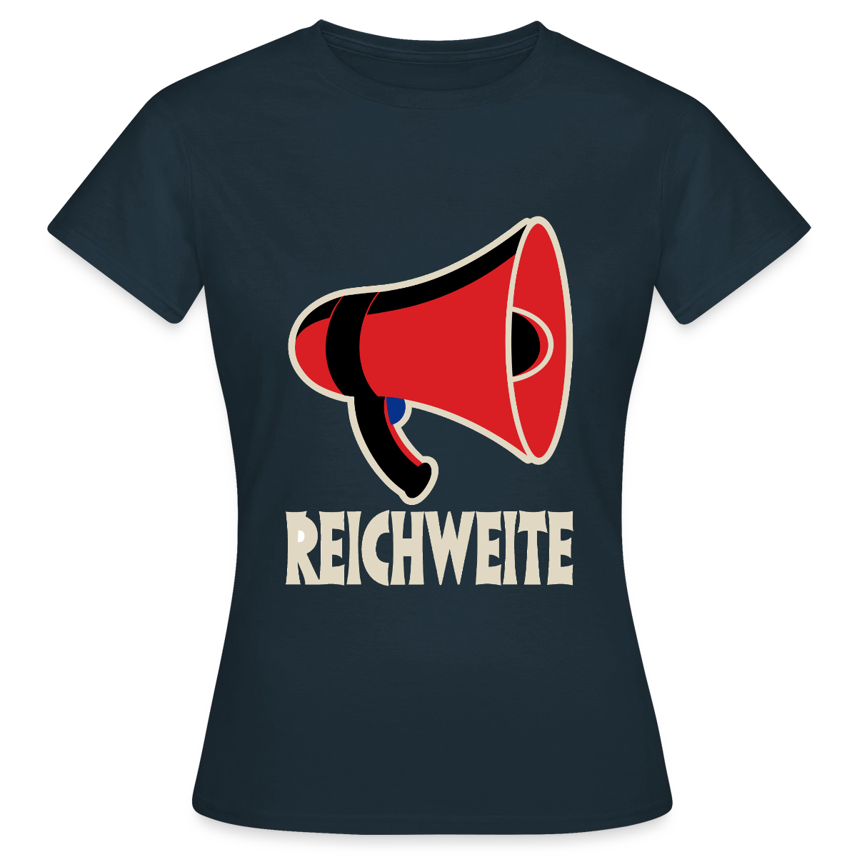 Reichweite. Sachplakat-Motiv Motiv-T-Shirt für Frauen, Farbe Navy